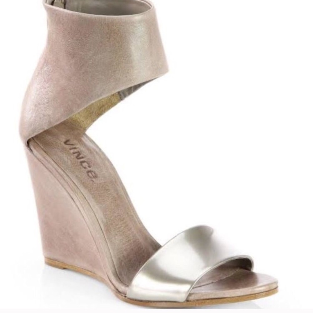 VINCE Leather Pearl Metallic Taupe Wedge Sandals